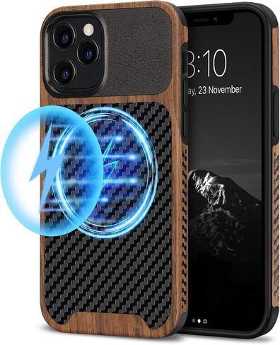 TENDLIN Compatible with iPhone 12 Pro Max Case Wood Grain with Carbon Fiber Texture Design Leather Hybrid Case in Saudi Arabia