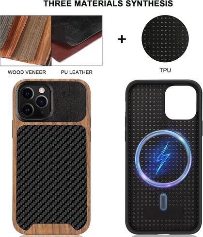 TENDLIN Compatible with iPhone 12 Pro Max Case Wood Grain with Carbon Fiber Texture Design Leather Hybrid Case in Saudi Arabia