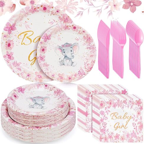 Bokon 300 Pcs Elephant Baby Shower Plates Serve 50 Tableware Set Include Plates Napkins Forks Spoons Knives Elephant Baby Shower Party Decorations for Boy Girl Birthday Gender Reveal Supplies(Boy) in Saudi Arabia