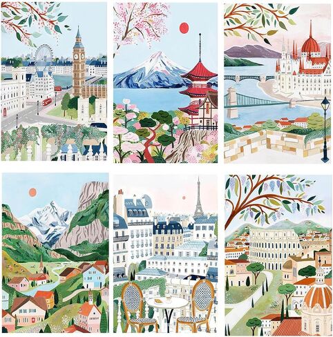 HOIYLDS 6 Packs Paint by Numbers for Adults Beginners, World Building Painting by Number Kits on Canvas Without Frame, Lanscape Craft Arts for Home Wall Decor 9.8x13.8inch in Kuwait