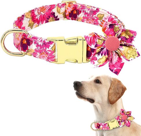 DALUZ Girl Dog Collar with Flower, Adjustable Soft Comfy Floral Dog Collar for Small Medium Large Dogs, Stylish Small Pink Dog Collar with Metal Safety Buckle for Puppy Girl Boy Dogs in Saudi Arabia