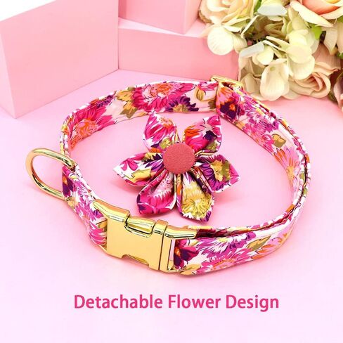DALUZ Girl Dog Collar with Flower, Adjustable Soft Comfy Floral Dog Collar for Small Medium Large Dogs, Stylish Small Pink Dog Collar with Metal Safety Buckle for Puppy Girl Boy Dogs in Saudi Arabia
