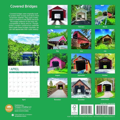 2025 Covered Bridges Monthly Wall Calendar by Bright Day, 12 x 12 Inch Beautiful Landscape Photography Gift in Saudi Arabia