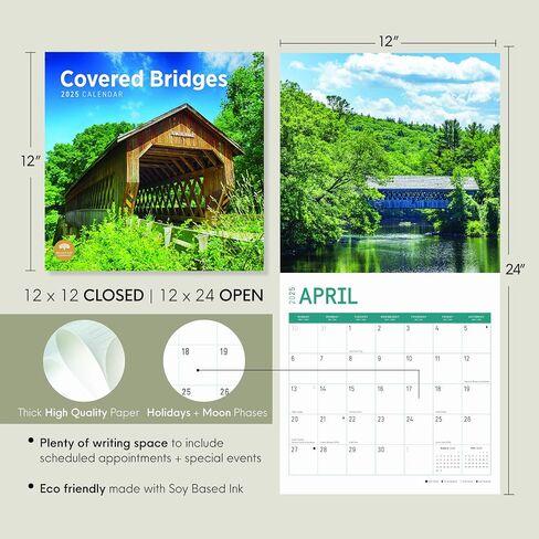 2025 Covered Bridges Monthly Wall Calendar by Bright Day, 12 x 12 Inch Beautiful Landscape Photography Gift in Saudi Arabia