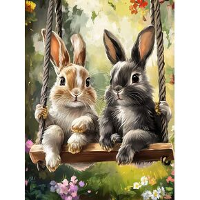 Zariocy 5D Diamond Art Kits for Adults Rabbit Swinging, DIY Diamond Painting Art Animals Round Full Drill Crystal Diamond Embroidery Paintings Arts Craft for Home Office Wall Decor 12x16 inch