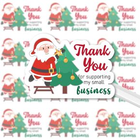 Whaline 300Pcs Christmas Thank You Supporting Stickers Santa Claus Xmas Tree Printed Stickers Small Business Envelopes Sealing Stickers for Business Package Handmade Goodie Treat Gift Bag Decoration
