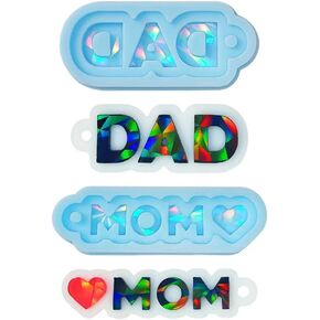 Holographic Mom Dad Keychain Resin Molds Silicone, Mom Dad Letter Keychain Pendant Mold for DIY Mother's Day, Father's Day, Pudding, Luggage Tag (Mon and Dad)