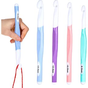 Ptwola 4 Pcs Large Size Crochet Hooks 8mm 10mm 12mm 15mm Rubber Handle Crochet Needles Set Plastic Chunky Yarn Weaving Knitting Ergonomic Hook Tool for Blankets Shawl Carpet DIY Craft Scarf