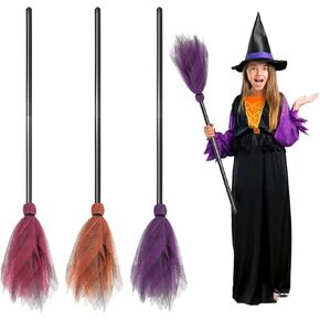 3 PCS Halloween Witch Broom, Kids Witch Broom Plastic Witches Broomstick Cosplay Broom Prop Adjustable Length Broom Decor for Halloween Party Costume Haunted House Decoration with 3 Colors By Rely2016