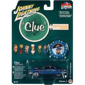 Johnny Lightning - Vintage Clue - 1951 Hudson Hornet (Mrs. Peacock & Conservatory & Candlestick) w/Poker Chip (JLSP270 from JLPC008)