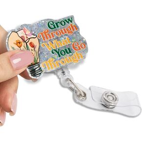 Grow Through What You Go Through Glitter Retractable Reel ID Card Clip, Funny Light Bulb Flowers Butterfly Badge Reel Gifts for Doctor Nurse Psychologist, Motivational Mental Health Gifts