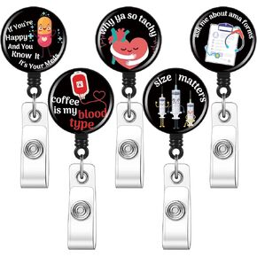 5 Pcs Funny Badge Reels Retractable Medical Badge Holder Nursing Name Badge Reel Cute Nurse ID Tag Clips Syringe Stethoscope Pattern Badge Clip for Nurse Doctor Student, 5 Styles (Black)