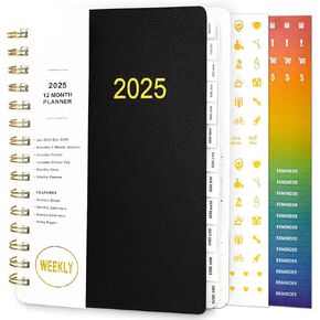 2025 Planner, Weekly and Monthly Planner, January 2025 - December 2025, 8.2" x 6.1", 2025 Calendar with Stickers, Inside Pocket, Spiral Binding, Black