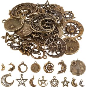 SUNNYCLUE 1 Box 58Pcs 15 Styles Celestial Charms Star Moon Charms Crescent Stars Bulk Antique Bronze Retro Witch Magic Charm for Jewelry Making Charms Supplies DIY Necklace Bracelet Earrings Adult