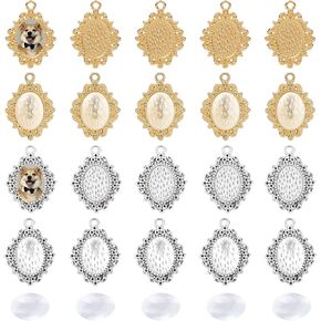 PH PandaHall 100pcs Blank Bezel Pendant Trays Base Wedding Bouquet Photo Charms Cabochon Settings Pendant with 100pcs Glass Cabochons Memorial Photo Pendant for Bridal Graduation Photo Pendant