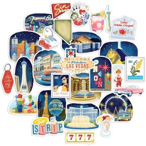 Navy Peony Glitzy Las Vegas Travel Stickers (28pcs) - Gouache Style, Waterproof, America-Themed Vacation Stickers for Scrapbooking, Journals, Suitcase