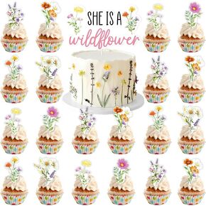 25 Pcs Wild Flower Theme Birthday Cake Topper and Cupcake Toppers Set,Birthday Party Supplies for Kids Boys,Birthday Cake Decorations
