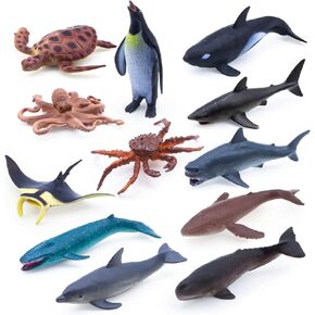 12Pack Sea Animal Figures Cake Topper,Sea Life Shark Whale Dolphin Octopus Turtle Crab Manta Assorted Sea Creature Realistic Figurine Cake Cupcake Decorations for Kids Birthday Ocean Theme Party