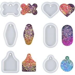 Nifocc 6 PCS Pendant Resin Moulds Heart Shape Keychain Charms Silicone Mold Dog Bone Round Oval Rhombus Fan shaped Casting Molds with Hole for DIY Crafts Jewelry Pendant Earring