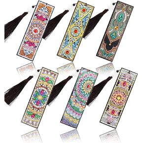 DIY Diamond Painting Kit Bookmarks 6 Pieces 5D Diamond Painting Bookmarks Mandala Style Bookmarks with Leather Tassels Diamond Painting Kits for Adults Birthday Gift Crafts Supplies