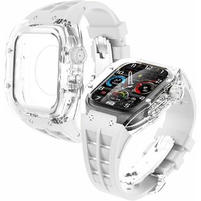 Luxury Transparent Case with Fluororubber Band for Apple Watch 45mm, Crystal Clear Full Protection for iWatch Series 9/8/7