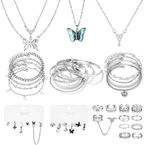 17IF 53 PCS(8 PACK) Silver Plated Jewelry Set with 6 Necklace 11 Ankle Bracelet 30 Kunckle Ring 6 Pair Earring hoop Vintage Boho Pearl for Women Girl and Birthday Travel Holiday