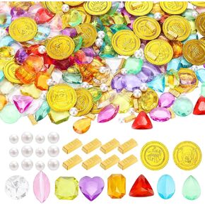 Seenelling 330 Pcs Pool Toys Pirate Treasure Pirate Gold Fake Coins Plastic Acrylic Colored Gems Fake Gems Mini Gold Bars for Summer Beach Bath Toys Halloween Pirate Adventure Party Decorations
