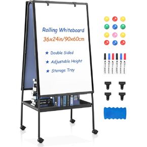 MAKELLO Rolling Whiteboard on Wheels 36x24 in, Double Sided Mobile White Board with Storage Tray for Office School Home, Magnetic Classroom Easel for Teacher, Height Adjustable, Aluminum Frame, 3'x2'