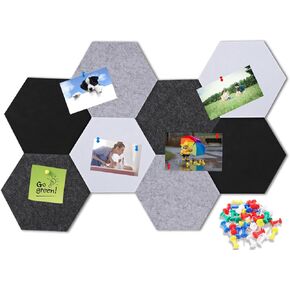 8Pcs Hexagon Felt Board Tiles,Felt Cork Pin Board with 35 Push Pins,Self Adhesive DIY Bulletin Board Hexagon Cork Board Tiles for Pictures Photos Memos Display Wall Decor (Gradual Grey)