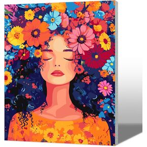 MAXBYE Framed Paint by Numbers Adult Kit, Women with Flowers Head DIY Acrylic Painting Paint by Number On Canvas with Frame, Arts and Crafts for Home Wall Decor 12x16inch