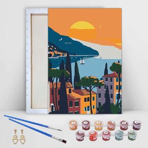Kaliosy Framed Paint by Numbers Kits for Adults Small Town, Oil Painting Sunset Scenery Pre Drawn Canvas Drawing Paintwork with Paintbrushes Acrylic Beginner Wall Home Decoration 8x12 inch