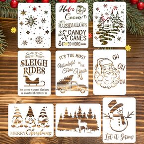 9 Pcs Reusable Christmas Stencils for Card Making, 8 X 11 Inch Merry Christmas Stencils Plastic Drawing Painting Spraying Template for Painting on Wood Signs Crafts Wall Christmas Decorations