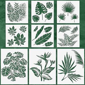 9 Pieces Reusable Painting Stencil Tropical Stencil Plastic Paint Stencils Summer Pattern Drawing Templates Stencils Reusable Craft for Painting(Leaves,5.9 x 5.9 Inches, 11 x 8.3 inches)