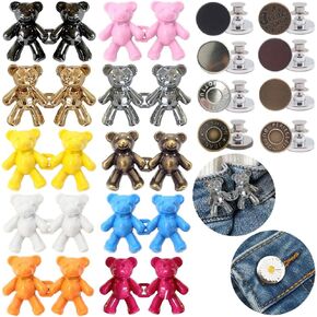 18 Pairs Jeans Button Replacement No Sew Cute Bear Jeans Button Pins Adjustable Instant Button Pin Metal Buttons, Detachable Tighten Waist Buckles for Women Skirt Pant Jeans