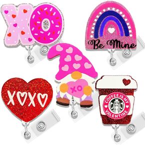 5 PCS Pink and Red Badge Reel Funny Retractable Badge Holders with ID Clip Valentine XOXO Badge Reels for ICU CNA RN LPN Healthcare Nurse Badge Reel Accessories