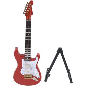 Wooden Miniature Guitar, Miniature Ornaments Guitar Decoration Mini Electric Guitar with Stand Decorative Dollhouse Accessories Mini Musical Ornaments (Red)
