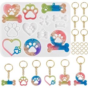 Beadthoven 41 قطعة DIY سلسلة المفاتيح سيليكون عدة قوالب، مخلب طباعة القلب الراتنج العفن الحيوانات الأليفة البصمة العظام قالب السيليكون مجوهرات الراتنج قوالب الصب مع حلقات المفاتيح حلقات القفز لراتنجات الايبوكسي DIY سلسلة المفاتيح صنع
