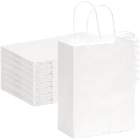 OUTUXED 150pcs Gift Bags, White Paper Bag with Handles 8x4x10in Medium Size Kraft Bags for Party, Businesses