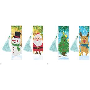 pigpigboss Christmas Bookmark Diamond Painting Kit 4 Pack 5D Diamond Painting Art Crystal Rhinestones Snowman Bookmark Diamond Painting Set Christmas Tree Diamond Dot Bookmark Book Decor (21 x 6 cm)