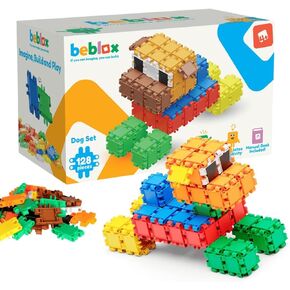 مجموعة ألعاب بناء BEBLOX STEM للكلاب للأطفال - 128 قطعة من البلاط المتصل لمكعبات البناء، ألعاب تعليمية للأطفال، وأنشطة التعلم في مرحلة ما قبل المدرسة - تتضمن كتابًا يدويًا