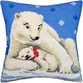Seasonal Embroidery Kit for Adults and Beginners — Polar Bears 16″ × 16″ with Clear, Precise Printed Design on Cotton Canvas; Includes 2 Needles, Yarn, and Easy-Read Chart