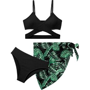 Girls Swimsuit 3 Piece Bathing Suits for Girls Criss Cross Color Block Bikini Set with Beach Cover Up Girls' Swimwear