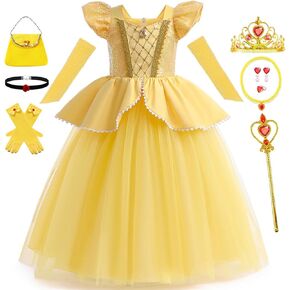 Belle Costume for Girls Yellow Princess Dress up Halloween Birthday Party Cosplay Outfits with Accessories