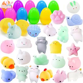 24 Pcs Easter Eggs Prefilled with Mochi Squishy Toys, Plastic Bright Easter Eggs with Kawaii Animals Mochi Squishy for Kids Easter Party Favor, Easter Basket Stuffer, Easter Eggs Hunt Supplies