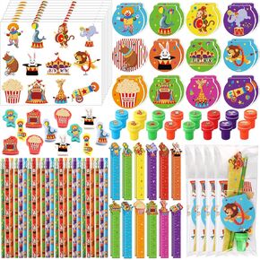 Cholemy 168 Pcs Circus Party Favors Carnival Party Supplies Circus Animal Stationery Set Notebook Sticker Stamper Eraser Ruler Pencil Bag for Carnival Baby Shower Birthday Party Gift Classroom Prize