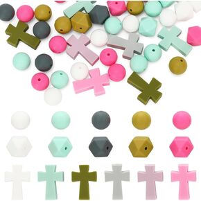 72Pcs Cross Silicone Focal Bead Christening Polygonal Round Loose Bead Colorful Spacer Bead for DIY Pen Necklaces Bracelet Keychain Jewelry Making