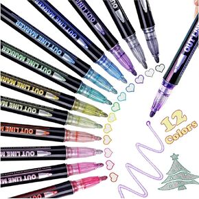 12 Colors Shimmer Marker Set,Shimmer Marker Set,Double Line Pen Markers Self Outline Pen,for Christmas Greeting Birthday Card Making,DIY Art Craft