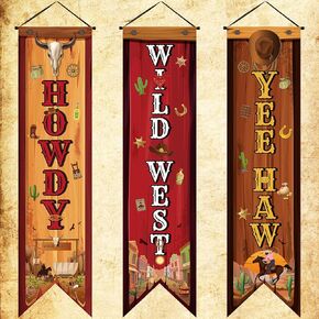 3 Pcs Western Party Decorations Cowboy Banners Wild West Hanging Decor Howdy Yes Haw Porch Sign Backdrops for Indoor Outdoor Western Cowboy Birthday Photo Props Vintage Wedding Party Supplies