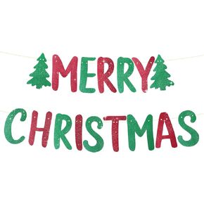 Small Merry Christmas Banner Indoor Glitter Red Green Merry Christmas Letter Banner for Wall Window Christmas Party Decorations