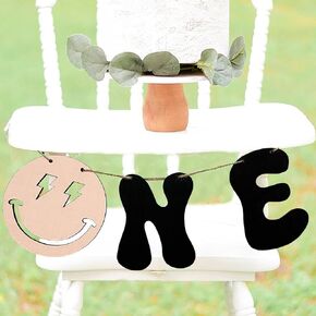 Wooden Smile One Banner,First Birthday High Chair Banner,One Highchair Banner for One Happy Dude 1st Birthday Decorations,Smiley Face Hippie Groovy Birthday Party Decorations